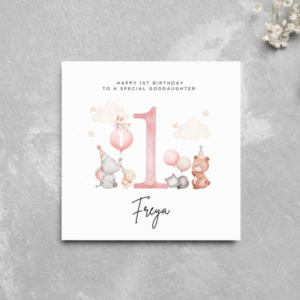 Personalised 1st Birthday Card Goddaughter Cute Animals Baby Animals Personalised Birthday Girl Name Baby Girl Special Girl