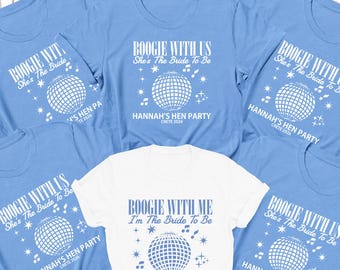 Boogie With Me I'm The Bride Personalisierte Junggesellinnenabschieds-Shirts Brautparty Disco passende individuelle Junggesellinnenabschieds-Outfit-Tops BLAU