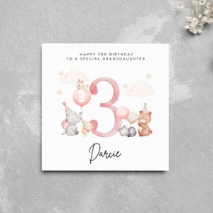 Personalisierte 3. Geburtstagskarte Enkelin Niedliche Tiere Babytiere Personalisierte Geburtstagsmädchen Name Baby spezielles Mädchen