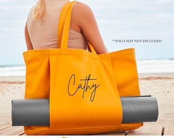 Personalised Large Name Organic Yoga Tote Bag, Script Font, Custom Yoga Bag, Yoga Mat Bag, Pilates Bag, Meditation Bag