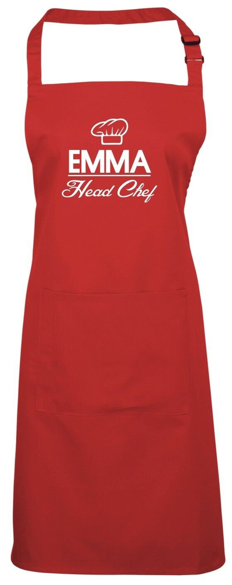 May include: Red apron with a white chef hat and the text "EMMA Head Chef" printed on the front.
