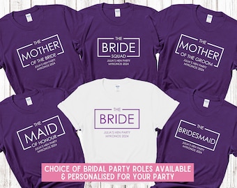 Custom Personalised Hen Party T shirts Bridal Role Mother Of Bride Bridesmaid Team Bride Bridal Shower Shirts Bride To Be Maid of Honour PUR