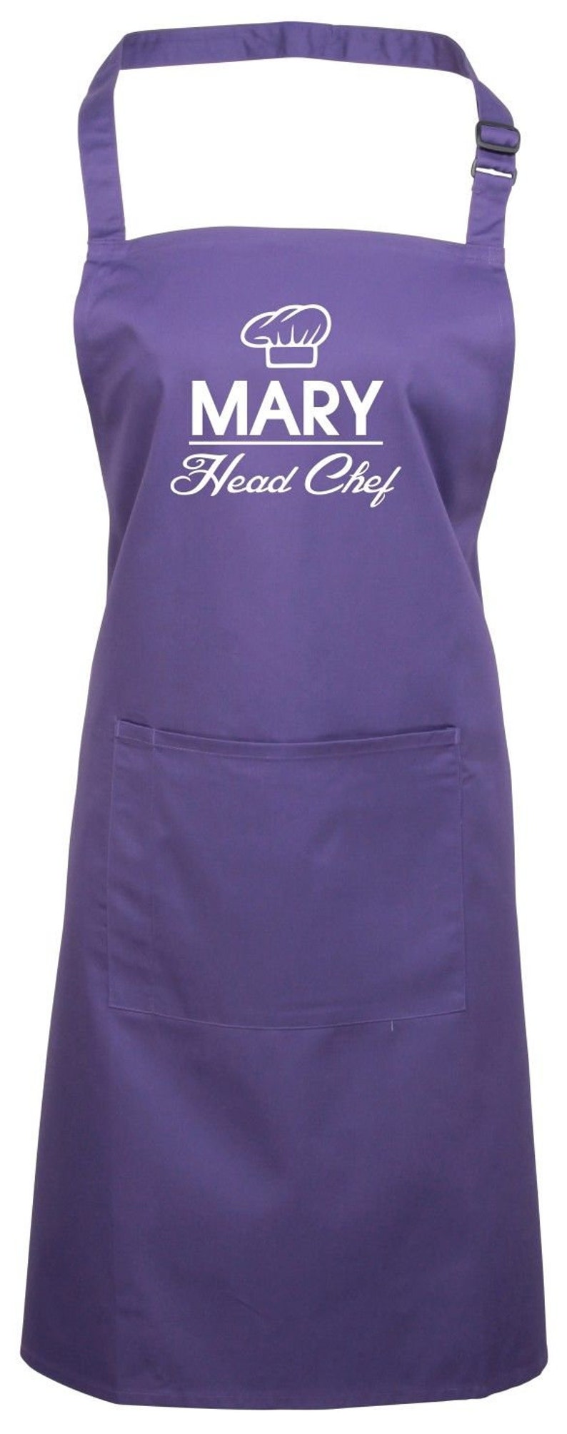 May include: Purple apron with a white chef hat and the text "MARY Head Chef".