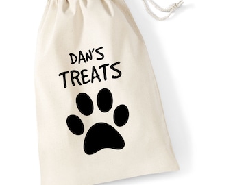 Personalised DOG NAME Dog/Cat Cotton Drawstring Treat Bag With Paw Print Doggy Pooch