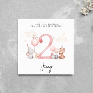 Patenkind Karte zum 2.Geburtstag süße Tiere Baby Tiere personalisiert Geburtstagskind Name Baby spezielles Mädchen