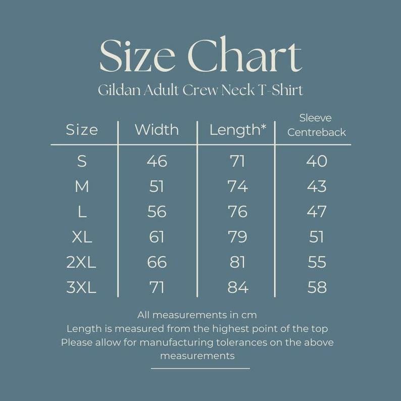May include: A size chart for a Gildan Adult Crew Neck T-Shirt on a blue background. The table lists sizes S through 3XL with corresponding width, length, and sleeve centreback measurements in cm. Text includes Size Chart, Gildan Adult Crew Neck T-Shirt, and notes on manufacturing tolerances.