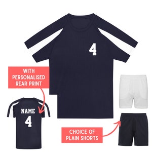 Kids Personalised Contrast Sport T Shirt Shorts Kit Name & Number Football PE Gym Sport Polyester NAVY and WHITE