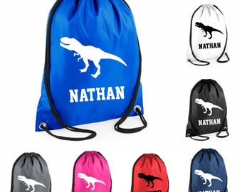 Personalised Name Drawstring Dinosaur Bag School Club PE Custom Name Childrens Adult Bag Kids Backpack Trex Bag Name