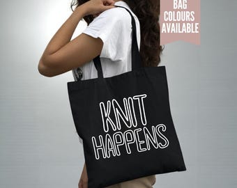 Knit Happens Tote Bag | Funny Knitting Bag | Project Bag | Gift for Knitters | Crafting Tote