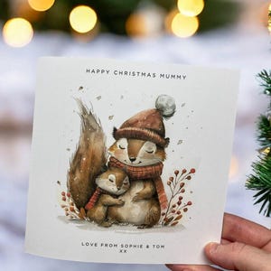 Personalisierte Eichhörnchen-Mama-Weihnachtskarte vom Kind, für Kinder, individueller Name, erstes Weihnachten, als Mama von Baby oder Kindern