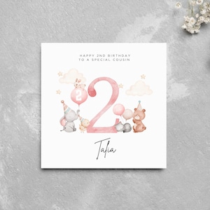 Personalised 2nd Birthday Card Cousin Cute Animals Baby Animals Personalised Birthday Girl Name Baby Girl Special Girl