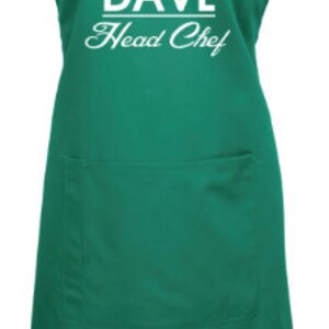May include: Green apron with a white chef hat graphic and the text "Dave Head Chef".