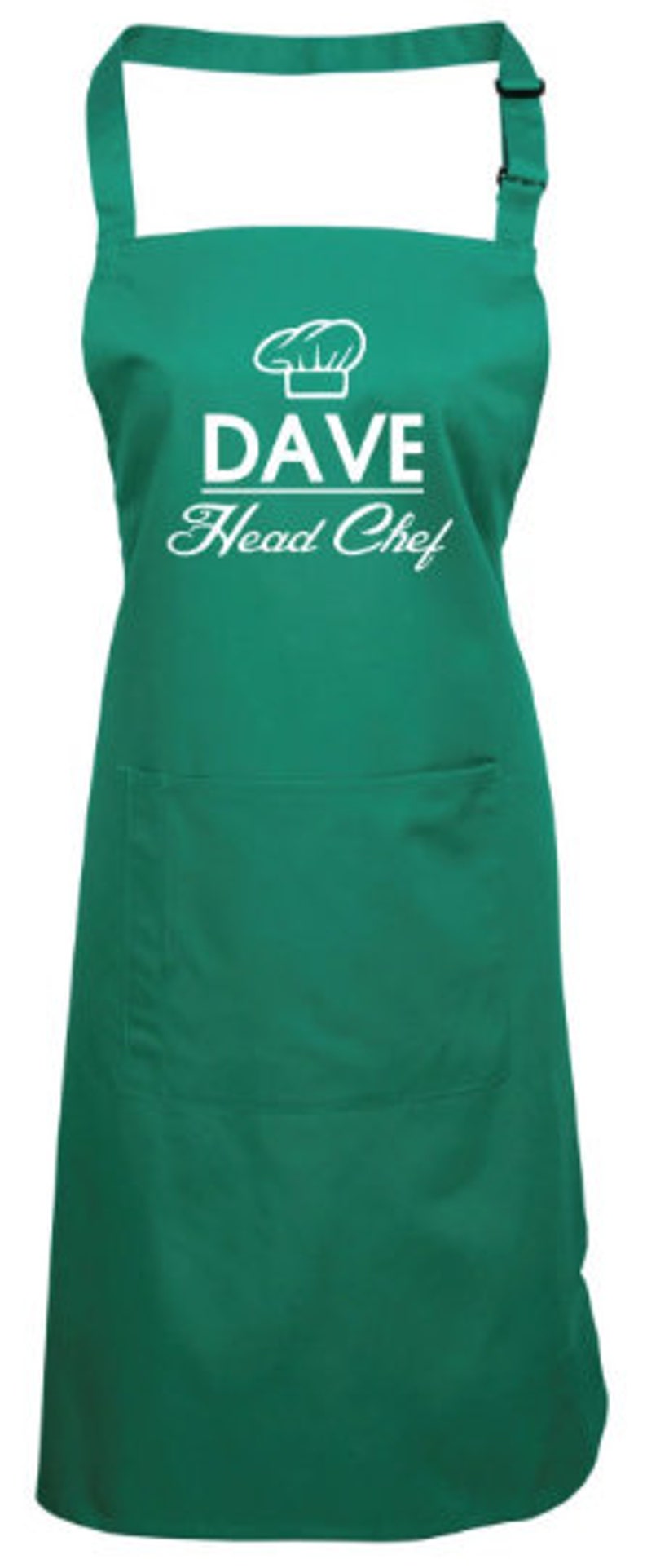 May include: Green apron with a white chef hat graphic and the text "Dave Head Chef".
