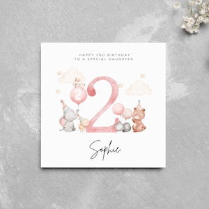Carte d'anniversaire personnalisée pour fille, animaux mignons, bébés animaux, prénom personnalisé pour fille d'anniversaire, spécial fille