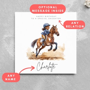 Personalisierte Name Reiter Geburtstagskarte süsses Pferd Geburtstags-Mädchen-Namen Reiter Reiter-Springspringer-Karte Pferdeliebhaber 2