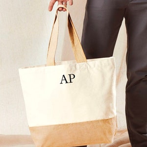 Personalised Initial Small Monogram Cotton LARGE Jute Base Canvas Tote Bag, Shopping Bag, Work Bag, Study Bag, Gift Bag, Custom Tote