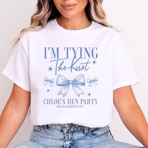 Personalised Hen Party T shirts Tying The Knot Bridal Party Shirts Personalised Matching Bachelorette Hen Party Tops Bride To Be Custom Bride (Blue Text)