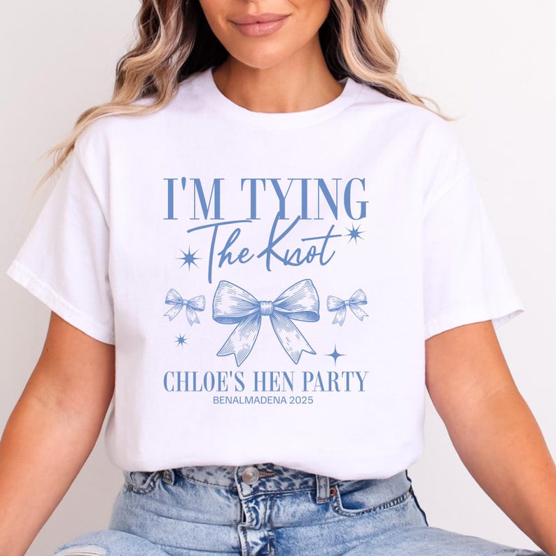 Personalised Hen Party T shirts Tying The Knot Bridal Party Shirts Personalised Matching Bachelorette Hen Party Tops Bride To Be Custom Bride (Blue Text)