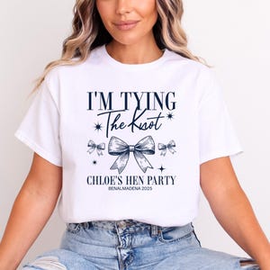 Personalised Hen Party T shirts Tying The Knot Bridal Party Shirts Personalised Matching Bachelorette Hen Party Tops Bride To Be Custom Bride (Navy Text)
