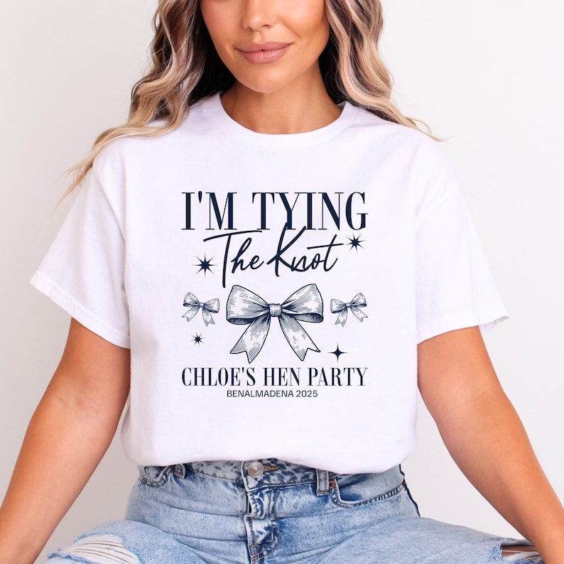 Personalised Hen Party T shirts Tying The Knot Bridal Party Shirts Personalised Matching Bachelorette Hen Party Tops Bride To Be Custom Bride (Navy Text)