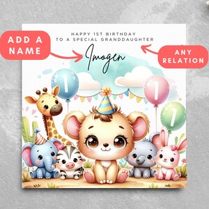 Carte personnalisée 1er anniversaire nom animaux mignons animaux de zoo carte personnalisée pour petit-enfant, cousin, nièce, neveu relation personnalisée