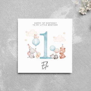 Gepersonaliseerde 1e verjaardagskaart My Little Brother Schattige dieren Babydieren Gepersonaliseerde jarige naam jongen speciale jongen
