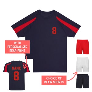 Kids Personalised Contrast Sport T Shirt Shorts Kit Name & Number Football PE Gym Sport Polyester NAVY and RED