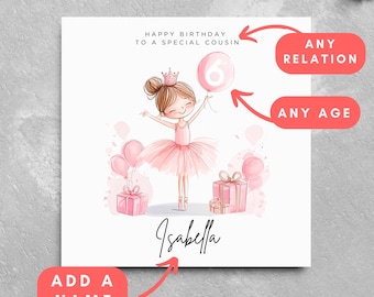 Personalised Name Ballerina Birthday Card Cute Dancer Personalised Birthday Girl Name Baby Girl Special Girl Age Relation Name Dance Ballet