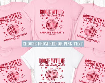 Boogie With Me I'm The Bride Personalisierte Junggesellinnenabschieds-Shirts Brautparty Disco passende individuelle Junggesellinnenabschieds-Outfit-Tops Pink
