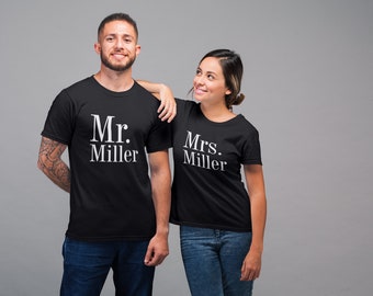 Mr and Mrs Couples Personalised Surname T-Shirt Husband Wife Married Newlywed Wedding His Hers Wedding Gift Honeymoon Tshirts Hubby Wifey
