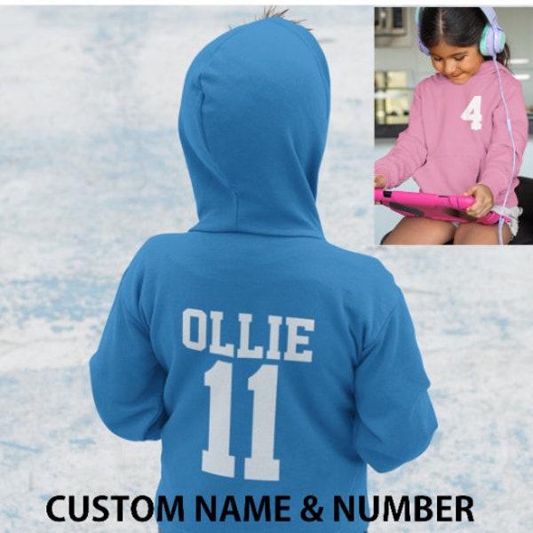 Kids Personalised Sport Hoodie Team Kit NAME & NUMBER Football Netball Hockey Child Custom Hoody Sweatshirt Hooded Soccer