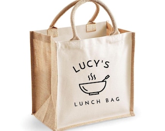 Personalised Custom Name Lunch Bag Midi Size Jute Tote Bag Shopper Gift Storage Bag Personalized