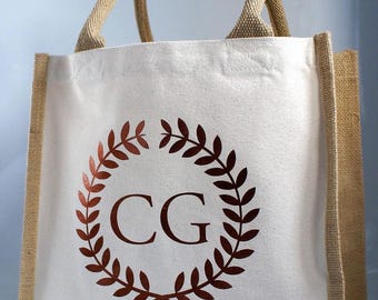 Personalised Jute Tote Bag with Initials | Copper Monogram Shopper | Custom Initial Bag | Gift for Her | Midi Shopping Bag