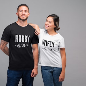 Hubby Wifey Est Custom Year Couples TShirt Year Husband Wife Married Newlywed Wedding His Hers Gift Honeymoon shirt Just Married Bride