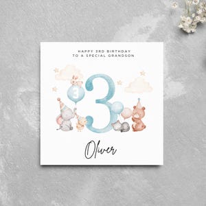 Personalisierte 3. Geburtstagskarte Enkel niedliche Tiere Babytiere personalisierte Geburtstagsjunge Name Baby Boy Special Boy