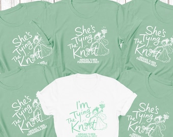 Personalisierte Shirts für den Junggesellinnenabschied „Tiing the Knot“, passende Oberteile für Braut und Junggesellin beim Brautparty