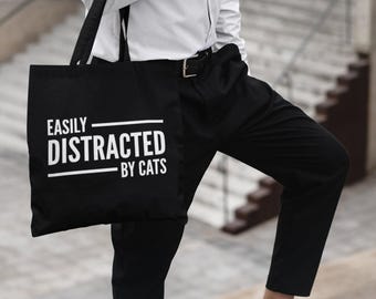 Easily Distracted By Cats Lightweight Tote Bag Cat Lover Gift Shopping Bag Storage Gift For Kitten Lover Pet Cat Mum Dog Mom Funny Kitty Bag