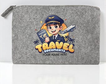 Personalised Travel Documents Pouch | Custom Name Pilot Passport Holder Felt Zipper Bag Aviation Gift