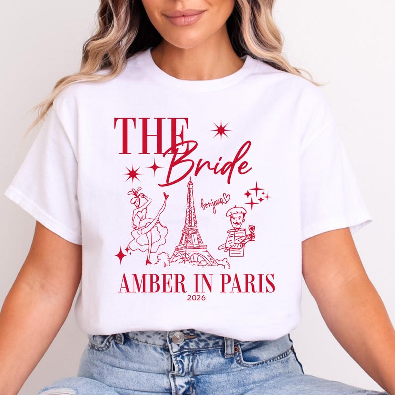 Camisetas personalizadas para despedida de soltera en París Camisetas para el equipo de la novia Camisetas para la fiesta nupcial Camisetas personalizadas a juego para despedida de soltera Camiseta para la futura novia francesa Bride