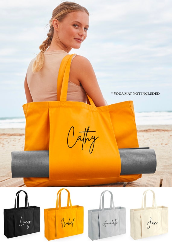 Personalised Large Name Organic Yoga Tote Bag, Script Font, Custom Yoga Bag,  Yoga Mat Bag, Pilates Bag, Meditation Bag 