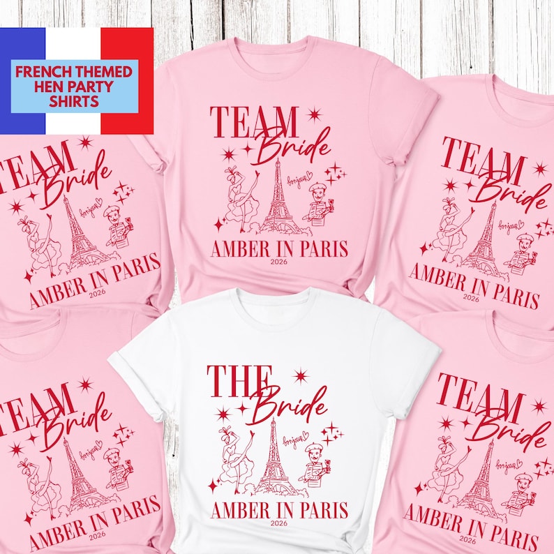 Camisetas personalizadas para despedida de soltera en París Camisetas para el equipo de la novia Camisetas para la fiesta nupcial Camisetas personalizadas a juego para despedida de soltera Camiseta para la futura novia francesa imagen 1