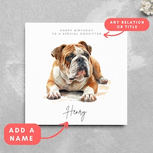 Personalisierte Bulldogge Geburtstagskarte, Karte für Freund oder Verwandte, Hundeliebhaberkarte, Hund Walker Sitter Hundekarte Benutzerdefinierter Name