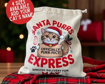 Personalisierter Katzen-Weihnachtssack - Benutzerdefinierter Name aus recycelter Baumwolle