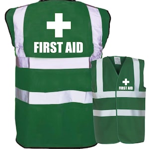 First Aid Printed Green Enhanced Safety Vest Waistcoat Hi Viz/Vis Visibility Workplace/Business