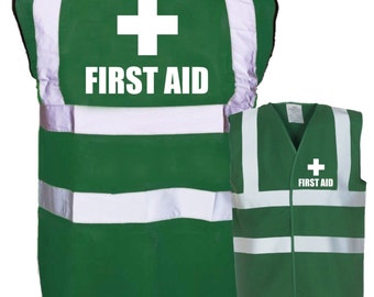 First Aid Printed Green Enhanced Safety Vest Waistcoat Hi Viz/Vis Visibility Workplace/Business