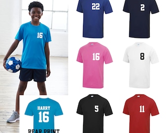 Kids Personalised Sport T Shirt Team Kit NAME & NUMBER Football PE Gym Sport Polyester Football Party Sports Event