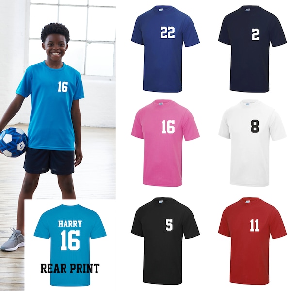 Kids Personalised Sport T Shirt Team Kit NAME & NUMBER Football PE Gym Sport Polyester Football Party Sports Event