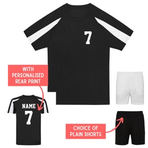 Kids Personalised Contrast Sport T Shirt Shorts Kit Name & Number Football PE Gym Sport Polyester BLACK and WHITE