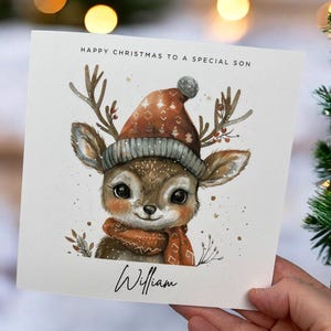 Personalisierte niedliche Rentier-Weihnachtskarten-Grußkarte, Karte für Freund relativ, personalisierte Karte, Feiertagsgruß-festliche Szene