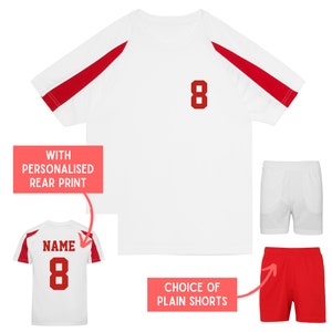 Kids Personalised Contrast Sport T Shirt Shorts Kit Name & Number Football PE Gym Sport Polyester WHITE and RED